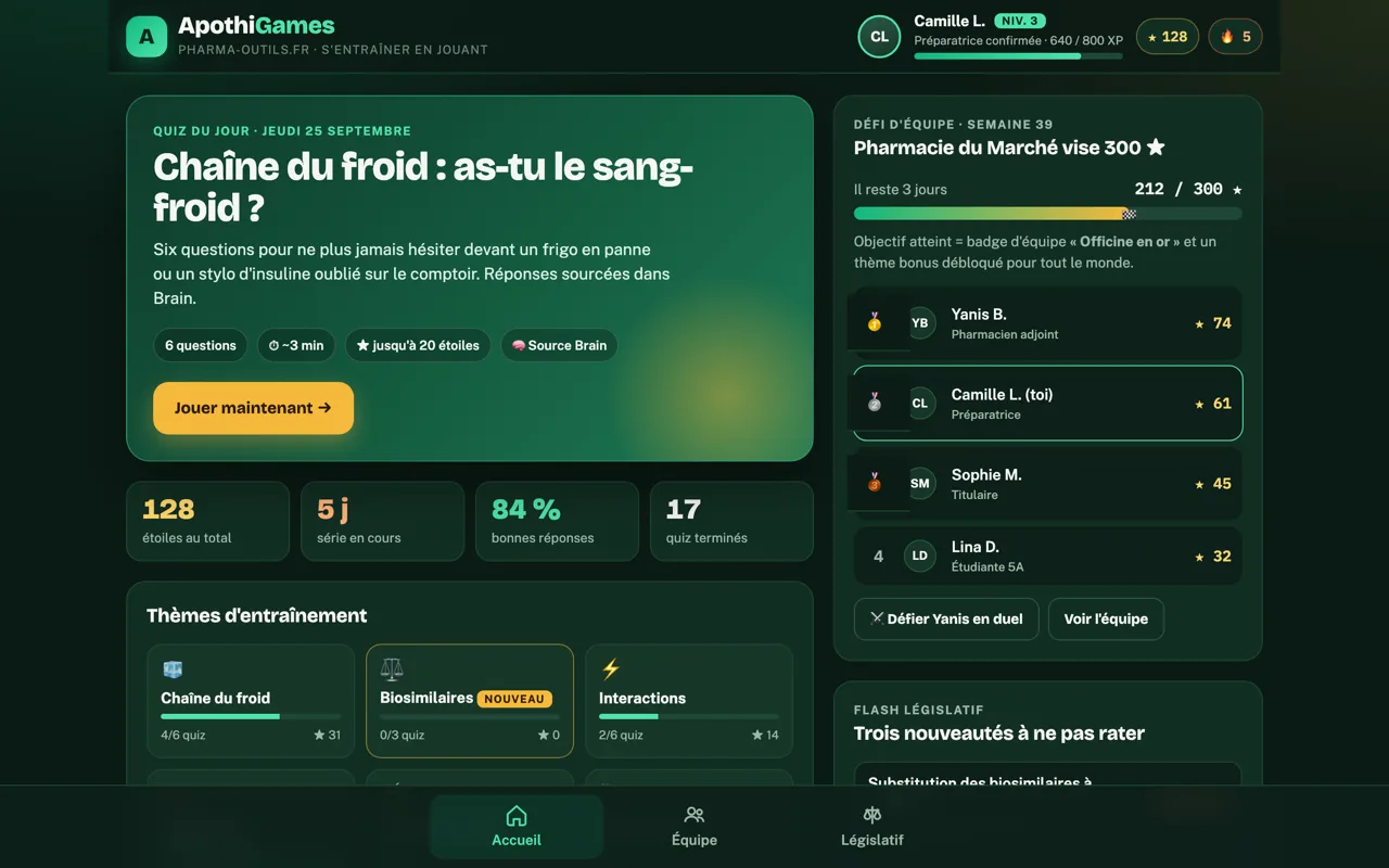 ApothiGames : l'accueil du joueur, avec le quiz du jour, ses étoiles, les thèmes d'entraînement et le défi de son officine