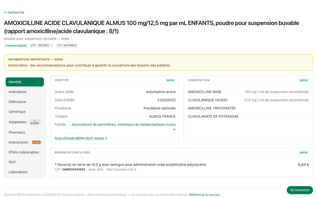 Brain : la fiche d'un médicament, avec ses panneaux — identité, composition, présentations et prix