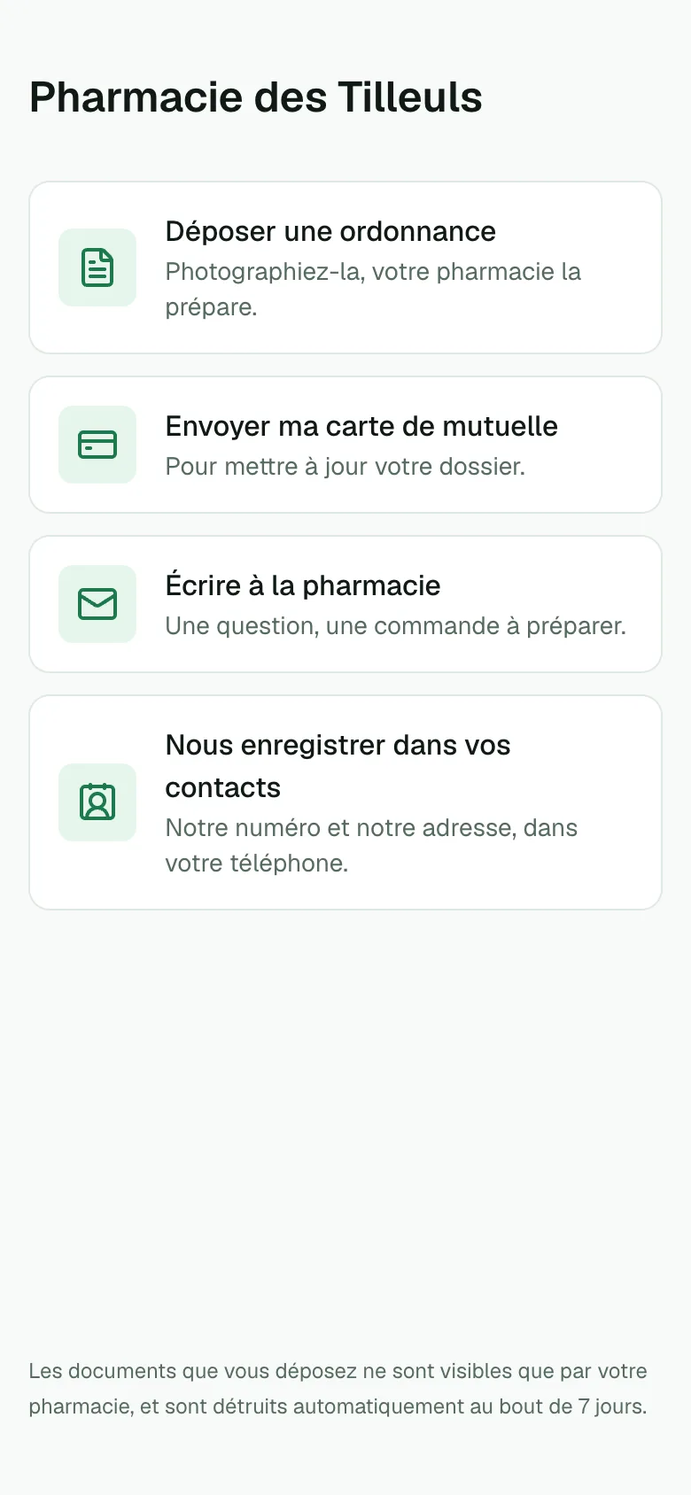 PharmaComptoir : la page qu'ouvre le téléphone du patient après avoir scanné le QR code du comptoir