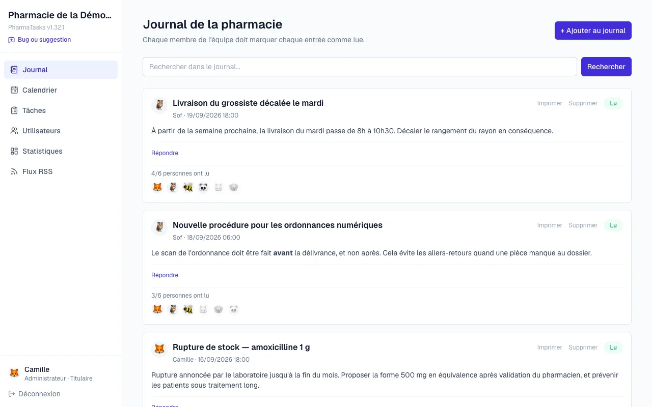 PharmaTasks : le journal de la pharmacie, avec qui a lu chaque entrée